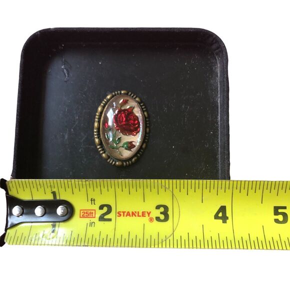 Antique Goofus Glass Brooch Reverse Painted Roses Mother of Pearl Pin - Picture 3 of 3